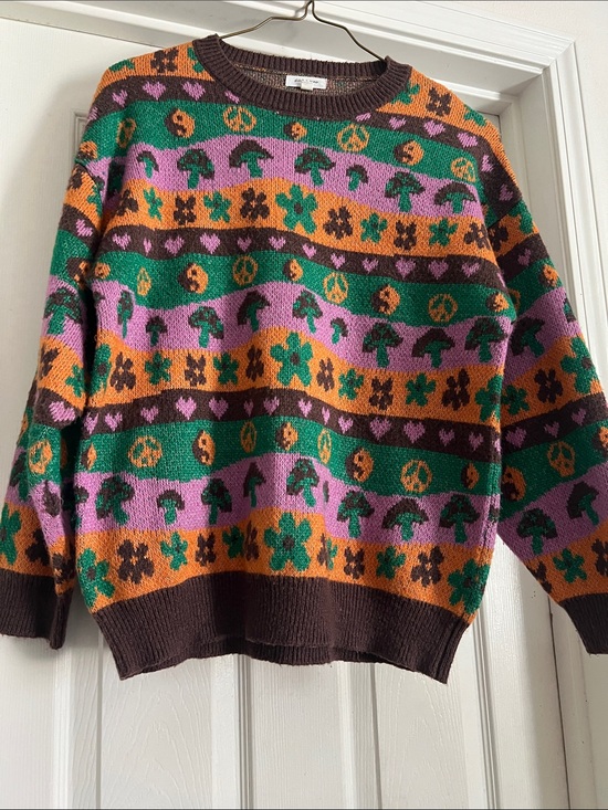 Stitch & Pine Sweaters - Retro Pattern Crew Neck Sweater - Green, Lavender & Orange